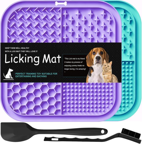 Licking Mat for Dogs & Cats 2 Pack, Slow Feeder Lick Pat, Anxiety Relief Dog Toys Feeding Mat for Butter Yogurt Peanut, Pets Supplies Bathing Grooming Training Calming Mat (Cyan&Purple)