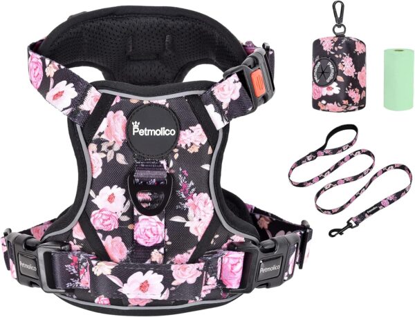 Petmolico No Pull Dog Harness Set, 2 Leash Attchment Easy Control Handle Reflective Vest Dog Harness Medium Breed, Medium Dogs Harness and Leash Set with Poop Bag Holder, Medium Pink Rose