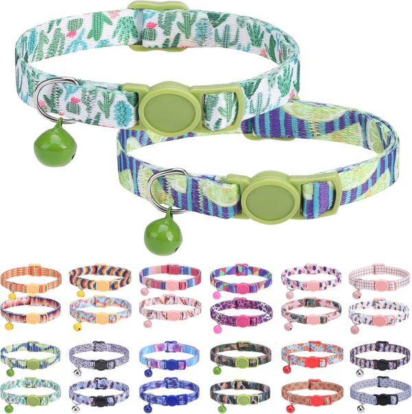 Breakaway Cat Collars for Girl Boy Cats, Spring Summer All Weather Cat Collar Personalized Pattern 2 Pack,Cute Classic Safety Buckles and Bells,Adjustable Printed Nylon Colorful Kitten Collar