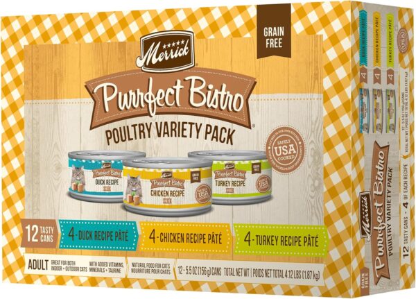 Merrick Purrfect Bistro Grain Free Premium Canned Pate Adult Wet Cat Food, Variety Pack, Chicken, Duck, Turkey - (Pack of 12) 5.5 oz. Cans