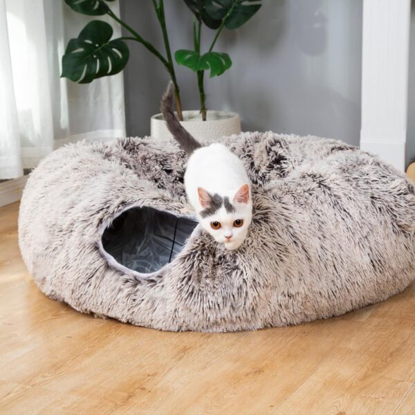 LUCKITTY Warm Fluffy Plush Cat Dog Tunnel Bed with Washable Cushion-Big Tube Playground Toys 3 FT Diameter Longer Crinkle Collapsible 3 Way, for Indoor Cat Kitty Kitten Puppy Rabbit Ferret Brown - Image 5