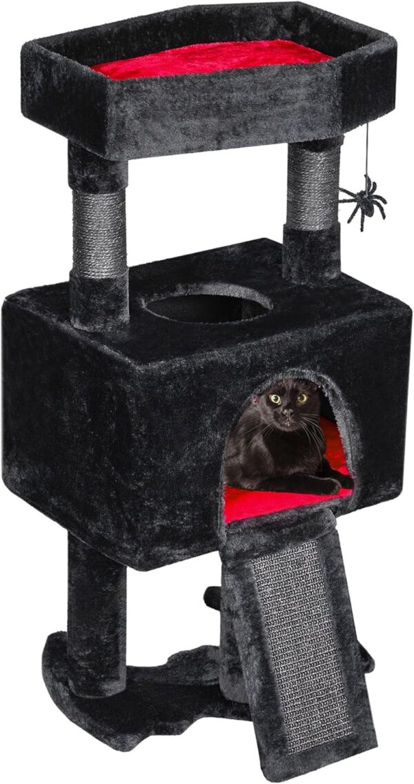 BEWISHOME Gothic Cat Tree with Coffin Cat Bed Goth Cat Tower Coffin Cat Tree with Spacious Cat Condo, Soft Cushion, Scratching Post, Spider Hanging Ball Halloween Black Red Pet Furniture MMJ95R - Image 8