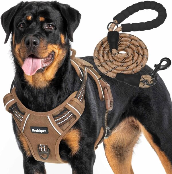 Heavy Duty Tactical Dog Harness for Large Dogs, No Pull Adjustable Pet Harness Reflective Service Training Easy Control Pet Vest Military K9 Working Dog Harnesses- Large, Brown