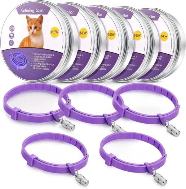 Weewooday 5 Set Calming Collar for Cats Adjustable Waterproof Cat Calming Collars Reduce Anxiety Stress Cat Collars with 5 Pet ID Pendants (Purple)