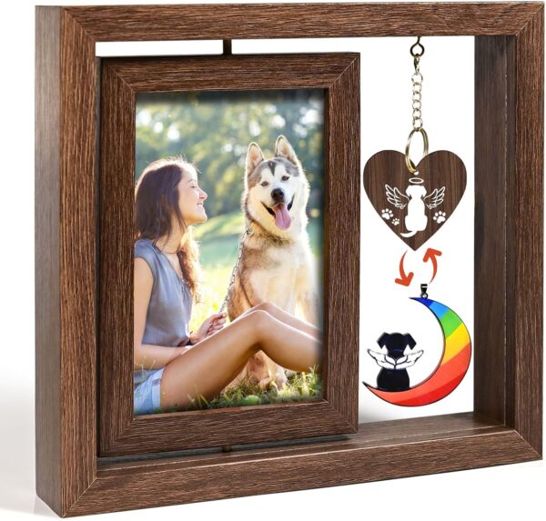 Dog Memorial Picture Frame, Pet Memorial Gifts for Dogs Rotating Wooden Photo Frame 4x6in, Dog Memorial Gifts for Loss of Dog, Rainbow Bridge Pet Loss Sympathy Gift for Dog Lovers