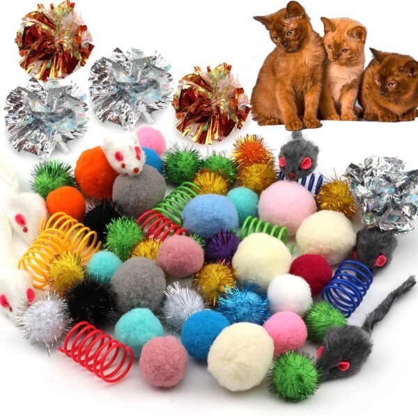 60 Packs Cat Toys Balls Set Spiral Springs Assorted, Kitten Ball Toys Assortments, Sparkle Ball, Cat Mouse Toy, Cat Crinkle Balls, Cat Springs, Furry Cat Toys Balls Soft Pom Pom Balls - Image 9