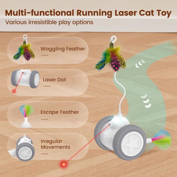 Potaroma Cat Laser Toys Interactive 3in1, Rechargeable, Automatic Moving Wheels, 2 Feathers, Indoor Kitten Exercise Kicker Toys, Assorted Colors Feathers for All Breeds - Image 2