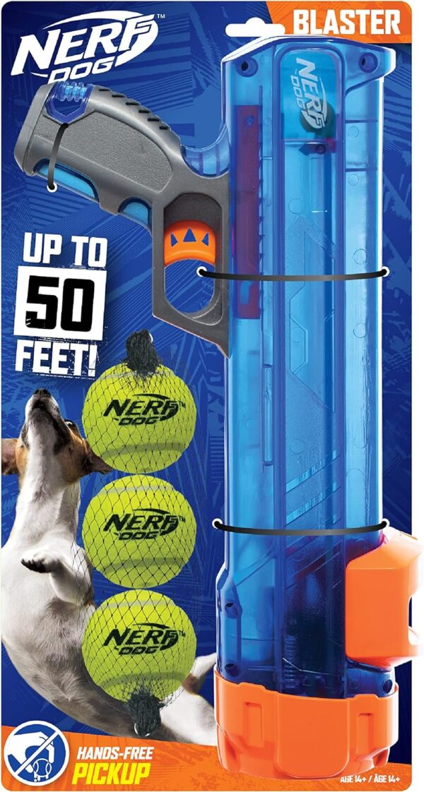 Nerf Dog Compact Tennis Ball Blaster Gift Set with 3 Balls, Great for Fetch, Hands-Free Reload, Launches up to 50 ft, Single Unit, includes 3 Nerf Balls, 4791, Translucent Blue