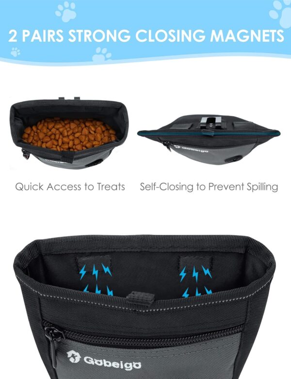 Dog Treat Pouch and Training Clicker, Upgrade Two Magnetic Closure to Prevent Spills, 2 Cup Treat Bag with Poop Bag Dispenser, Metal Clip Waist Belt Fanny Pack for Pet Walking (Black/Gray) - Image 3