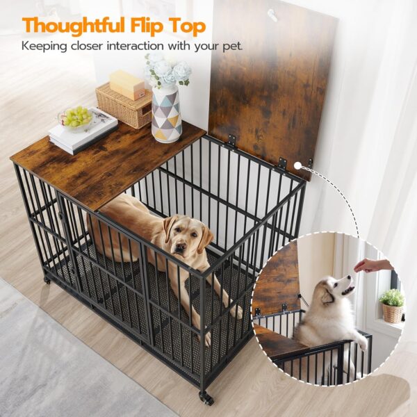 HOOBRO Heavy Duty Dog Crate, 43.3" Large Dog Kennel Furniture Indoor with Flip-Top, Indestructible Dog Crate End Side Table with Wheels, for Small/Medium/Large Dog, Rustic Brown and Black BF110GW03G1 - Image 3