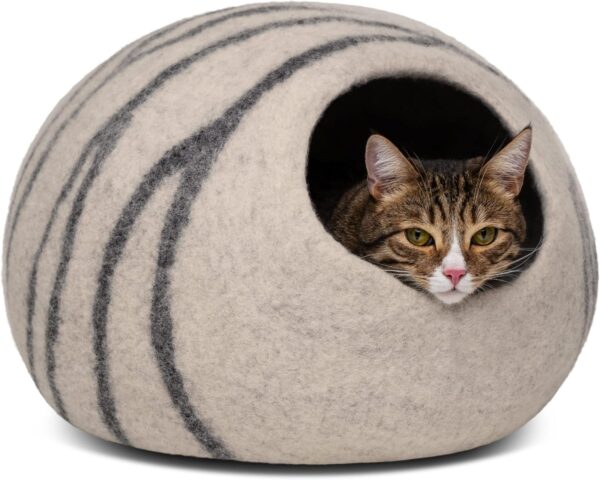 MEOWFIA Premium Felt Cat Bed Cave - Handmade 100% Merino Wool Bed for Cats and Kittens (Light Shades) (Medium, Light Grey)