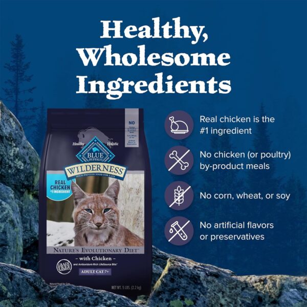 Blue Buffalo Wilderness Natural Mature Dry Cat Food for Cats 7+ Years, High-Protein and Grain-Free Diet, Supports Immune System Health and Energy to Stay Active, Chicken, 5-lb. Bag - Image 6