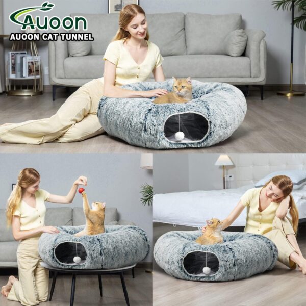 AUOON Cat Tunnel Bed with Central Mat,Big Tube Playground Toys,Soft Plush Material,Full Moon Shape for Kitten,Cat,Puppy,Rabbit,Ferret (Gray) - Image 3