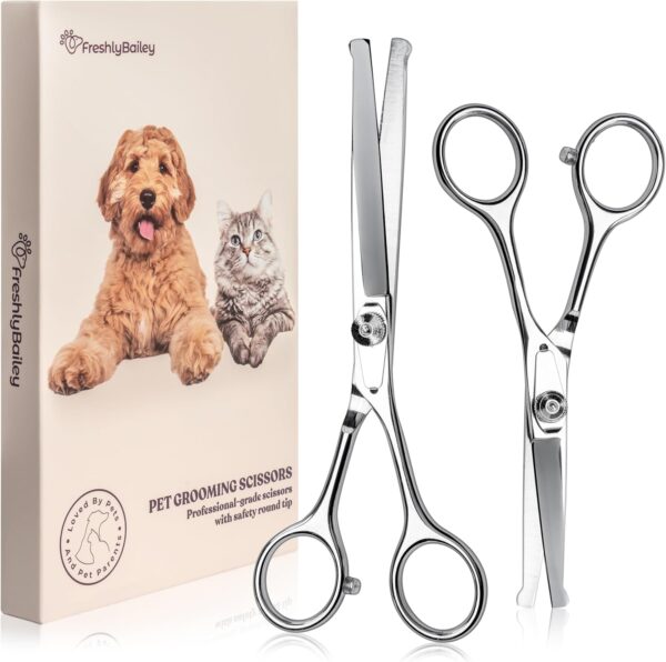 Pet Grooming Scissors Set With Round Tips For Dogs & Cats - Professional Grade Shears Safely Cut Through Dog or Cat Hair - Fur Trimming Made Easy - (Set of 2)