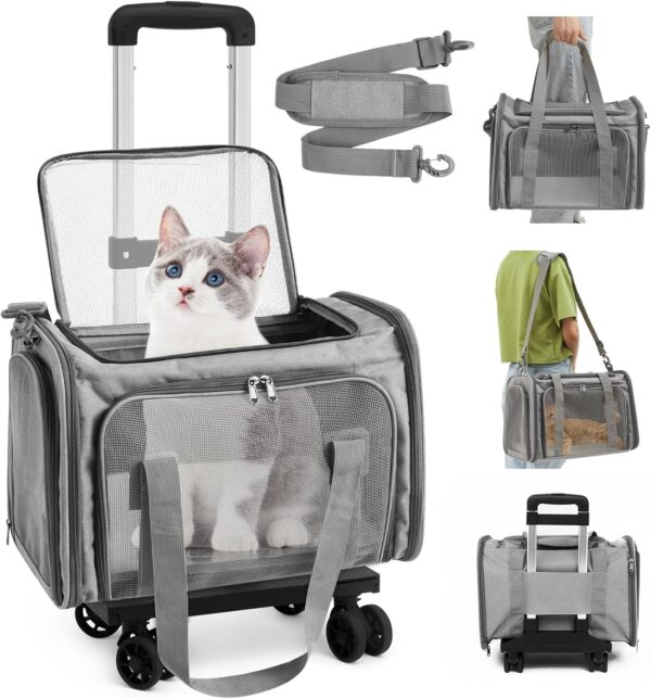 Cat Carrier with Wheels Pet Carrier with Wheels, Airline Approved Pet Carrier for 18 Lbs Cats Dogs Foldable Breathable Cat Small Animals Travel Carrier for Flight Camping Outdoor