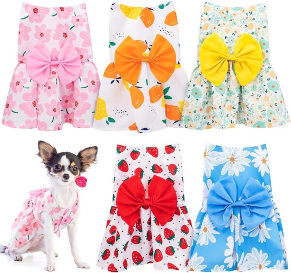 5 PCS Dog Dresses for Small Dogs Girl Dog Dress, Floral Pet Cat Dress Puppy Princess Dresses Doggie Summer Outfits with Bowknot, Female Pet Skirts Pet Clothes for Chihuahua Yorkies