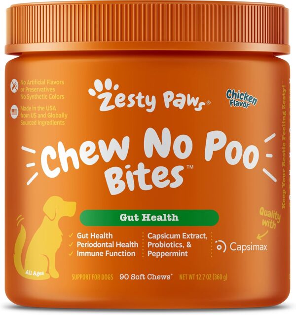 Zesty Paws Chew No Poo Bites for Dogs - Stool Eating Deterrent Soft Chews for Dogs - Gut, Periodontal & Immune System Support - Premium DE111 Bacillus subtilis Probiotic Chicken - 90 Count