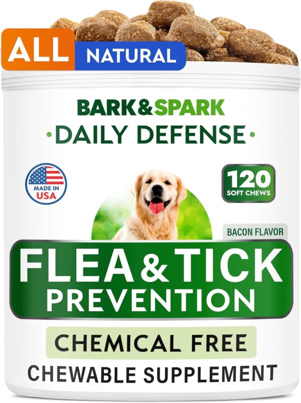 Natural Flea and Tick Prevention Chews for Dogs - Chewable Tablets for Dogs - All Breeds and Ages - Made in USA Flea and Tick Remover Supplement - Bacon - 120 Treats