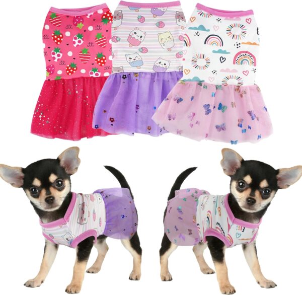 3 Pieces Dog Dresses for Small Dogs Girl Puppy Spring Summer Dress Dog Clothes for Chihuahua Teacup Yorkie Female with Cute Pattern Pet Doggie Cat Tulle Outfit(Strawberry,Ice Cream,Rainbow, Medium)