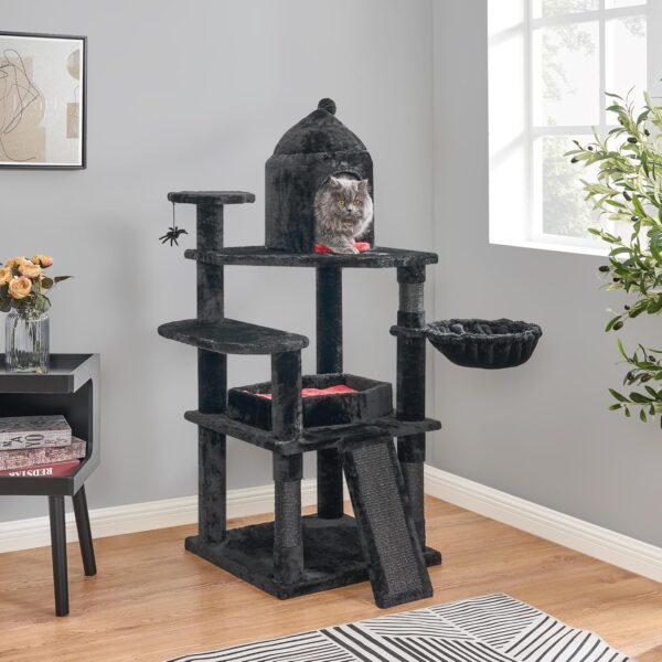 BEWISHOME Gothic Cat Tree with Coffin Bed, Cat Tower for Indoor Cats with Spacious Cat Condo, Sisal Scratching Ramp, Cozy Basket Black Cat House Halloween Pet Furniture Cat Activities Center MMJ92R - Image 2