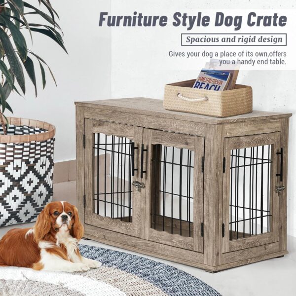 Dog Crate Furniture with Bed, Wooden Dog Kennel Furniture End Table Dog Crate with 3 Doors, Indoor Solid Wood Dog Cage - Image 2