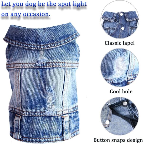 Dog Jean Jacket, Blue Denim Lapel Vest Coats Classic Pet Shirt Cute Girl Boy Dog Puppy Clothes, Comfort and Cool Costume, Dog Outfit for Small Medium Dogs Cats Kitten, Washed Apparel (Blue, Small) - Image 3