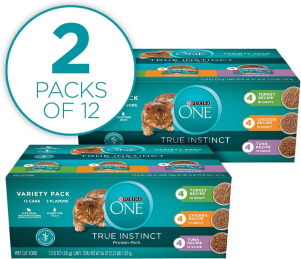 Purina ONE Natural, High Protein Wet Cat Food Variety Pack, True Instinct Turkey, Chicken and Tuna Recipes - (Pack of 2 Packs of 12) 3 oz. Cans - Image 2