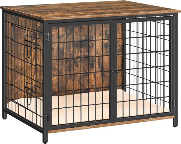 Dog Crate Furniture with Cushion, Wooden Dog Kennel with Double Doors, Heavy Duty Dog Cage for Small/Medium/Large Dogs, Indoor Dog House End Table, 31.5" L, Rustic Brown DCHR0701Z1