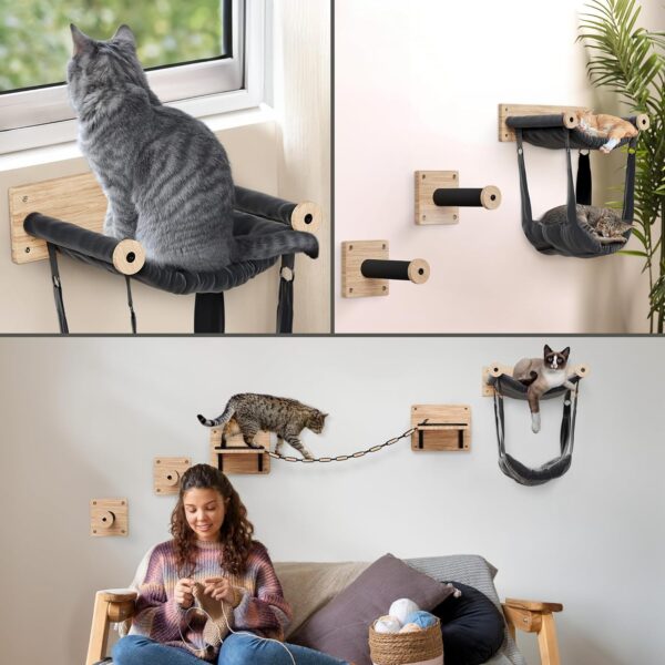 Cat Wall Shelves Set - Cat Wall Furniture with 2 Cat Climbing Shelves, Cat Bridge & Double Cat Hammock Bed - Modern Cat Shelves and Perches for Wall Perfect for Small to Large Kitty - Image 6