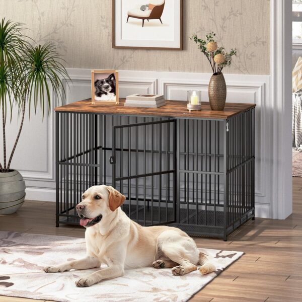 HOOBRO Heavy Duty Dog Crate, 43.3" Large Dog Kennel Furniture Indoor with Flip-Top, Indestructible Dog Crate End Side Table with Wheels, for Small/Medium/Large Dog, Rustic Brown and Black BF110GW03G1 - Image 2