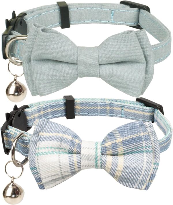 Cat Collar Breakaway Bowtie Safety with Bell Adjustbale Kitten Puppy Solid Plaid Color Set D-[2pcs] Blue