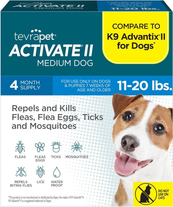 TevraPet Activate II Flea and Tick Prevention for Dogs | 4 Count | Medium Dogs 11-20 lbs | Topical Drops | 4 Months Flea Treatment