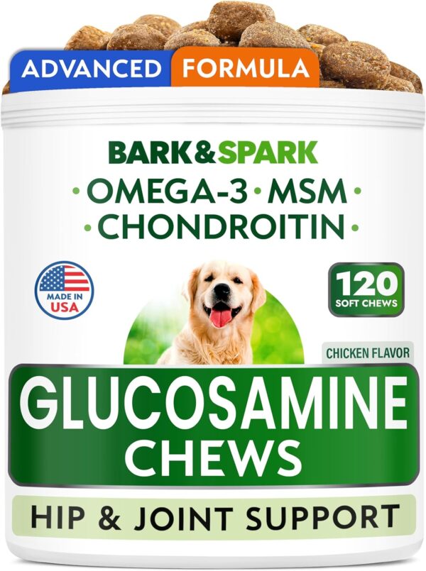 Bark&Spark Glucosamine Chondroitin Dog Hip & Joint Supplement - Joint Pain Relief - Hip & Joint Chews - Joint Support Large Small Breed - Senior Doggie Vitamin Pill Joint Health (120 Treats - Chicken)