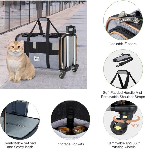 Lekereise Cat Dog Carrier with Wheels for 2 Cats, Expandable Double Cat Carrier with Wheels, Large Rolling Pet Carrier for 1 Large Cat/Dog or 2 Medium Cats, Wheeled Pet Carrier with Telescopic Handle - Image 4