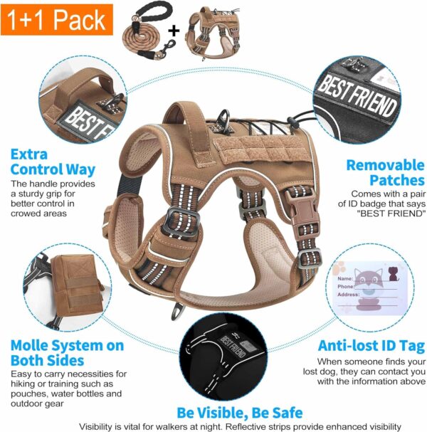 Heavy Duty Tactical Dog Harness for Large Dogs, No Pull Adjustable Pet Harness Reflective Service Training Easy Control Pet Vest Military K9 Working Dog Harnesses- Large, Brown - Image 4