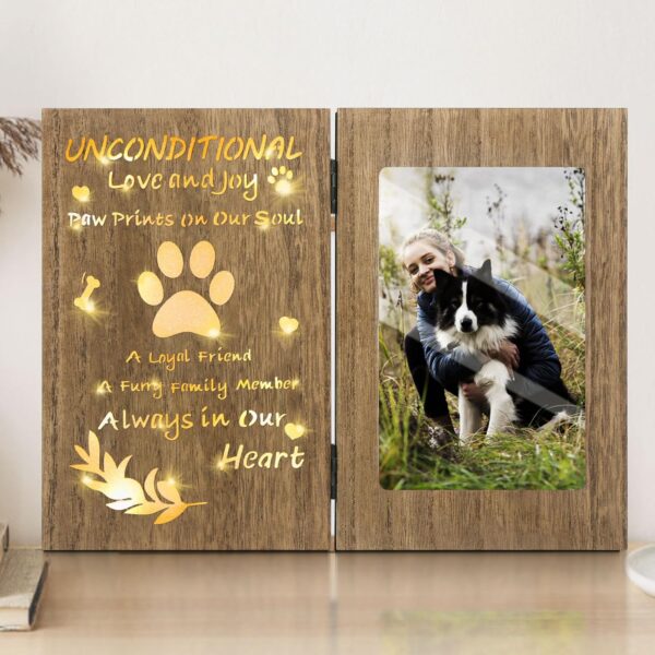 Pet Memorial Gifts for Dogs, LED Light up Dog Memorial Gifts for Loss of Dog, Pet Sympathy Gift for Family, Friend, Wooden Brown Dog Picture Frame for Tabletop