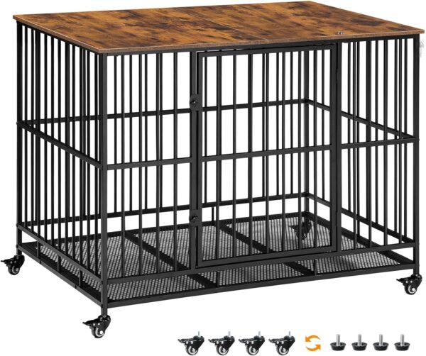 HOOBRO Heavy Duty Dog Crate, 43.3" Large Dog Kennel Furniture Indoor with Flip-Top, Indestructible Dog Crate End Side Table with Wheels, for Small/Medium/Large Dog, Rustic Brown and Black BF110GW03G1