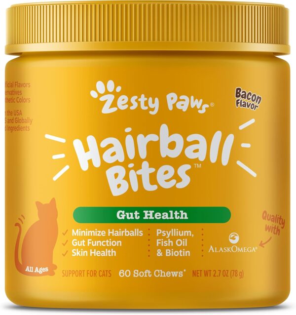 Zesty Paws Hairball Bites for Cats - Cat Furball Support - Functional Supplement with Omega 3 Fish Oil EPA & DHA + Zinc, Biotin & Psyllium Husk - Supports Gut & Skin Health - 60 Count