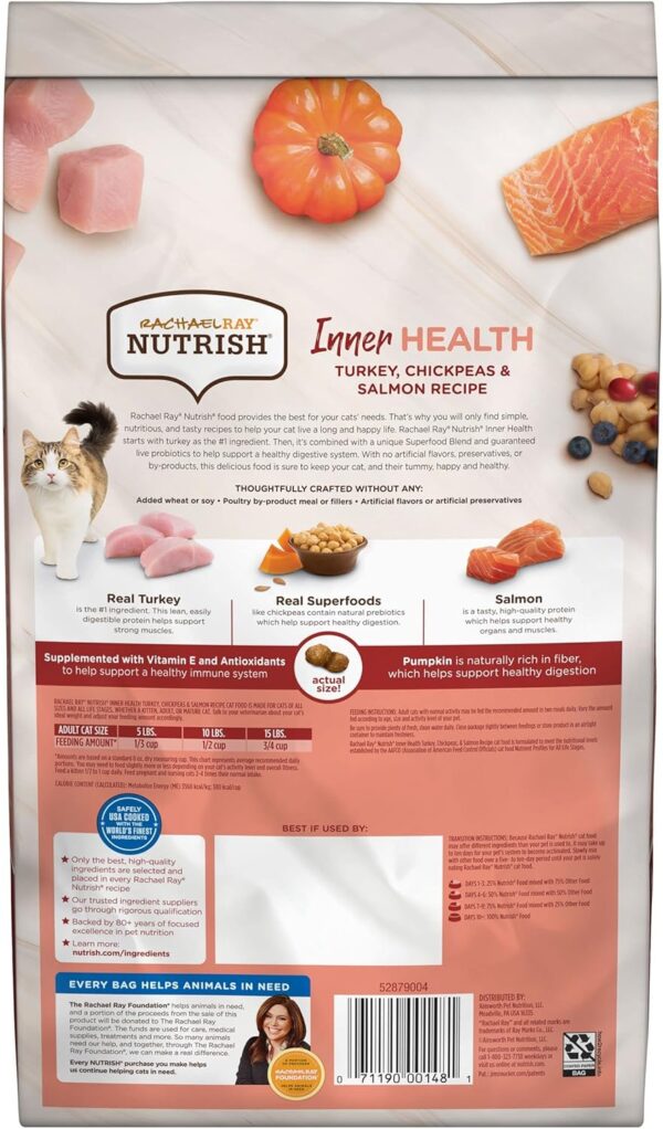 Rachael Ray Nutrish Inner Health Premium Natural Dry Cat Food with Added Vitamins, Minerals & Other Nutrients, Turkey with Chickpeas & Salmon Recipe, 3 Pounds - Image 2