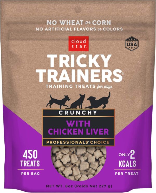 Cloud Star Tricky Trainers Crunchy Dog Training Treats 8 oz Pouch, Chicken Liver Flavor, Low Calorie Behavior Aid with 450 treats