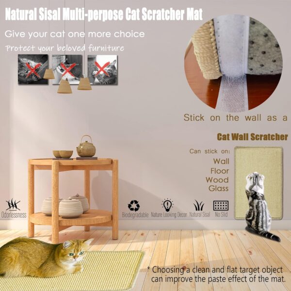 Cat Scratcher Mat, 23.6x15.7” Natural Sisal Scratching Mat with Velcro Tape,Stick on Floor and Wall Cat Scratch Pad Rug, Horizontal Cat Scratch Mat Protect Carpet and Sofa (Natural Color) - Image 6