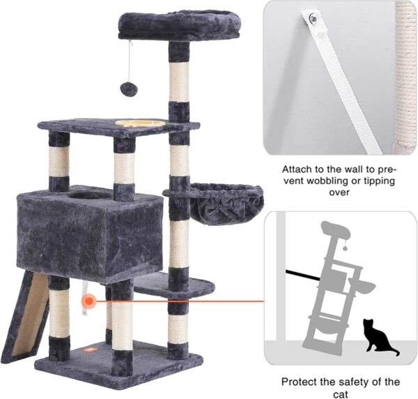 Heybly Cat Tree, Cat Tower for Indoor Cats with Scratching Board, Multi-Level Cat Furniture Condo with Feeding Bowl Smoky Gray HCT010G - Image 6