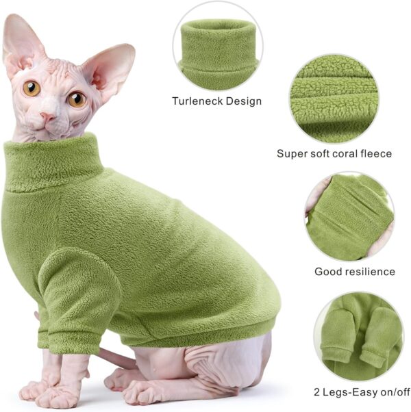 Idepet Sphynx Cats Clothes Winter,Hairless Cat Turtleneck Sweater Soft Coral Fleece Outfit Coat Warm Shirt Kitten Apparel with Sleeves Pullover Pet Winter Pajamas Jumpsuit (Green, Small) - Image 3