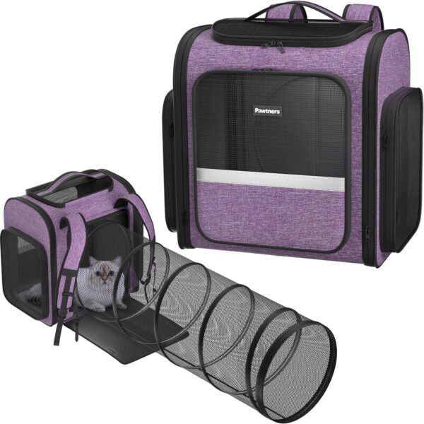 Cat Carrier Backpacks: Pawtners Expandable+Cat+Backpack with Breathable Mesh, Pet Carrier Backpack for Cats Small Dogs Puppies Up to 25 Lbs, Dog Carrier Backpack for Travel Hiking Camping Outdoor