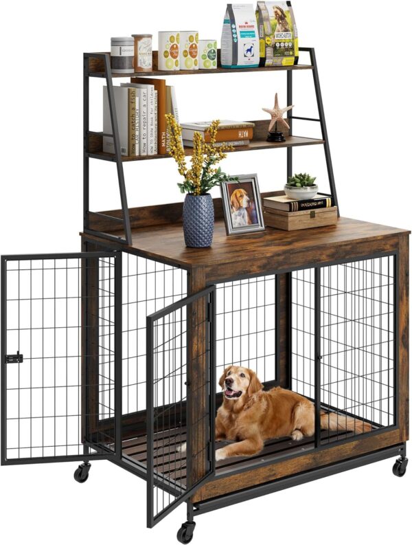 Dog Crate Furniture Table, 37.9 Inch Dog Kennel with Shelves and Removable Tray, Double Doors Heavy Duty Dog Cage, Indoor Wooden Pet Crate with Wheels for Medium Large Dogs, Rustic Brown