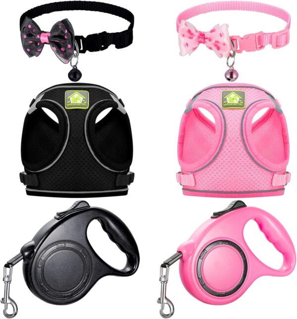 6 Pcs Small Dog Harness with Retractable Leash and Bowknot Pet Collar Set Soft Mesh Padded Vest Harness 10 FT Pet Walking Leash with Anti Slip Handle Adjustable Puppy Collar for Dog Cat (M)