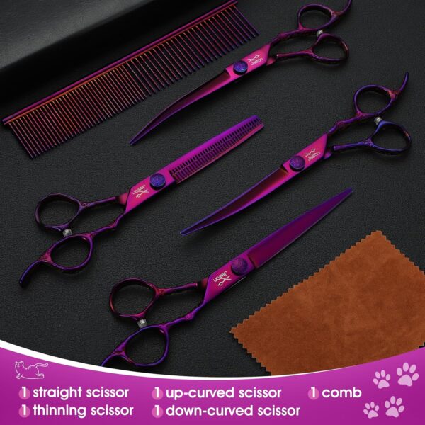 JASON Dog Grooming Scissors Set - Professional 6 in 1 Dog Shears Kit - 6.5" Thinning, 7" Straight, 7" Up-Curved, 7" Down-curved Scissors and Comb for Dog Cat Pet with Adjustable Screw (Purple) - Image 6