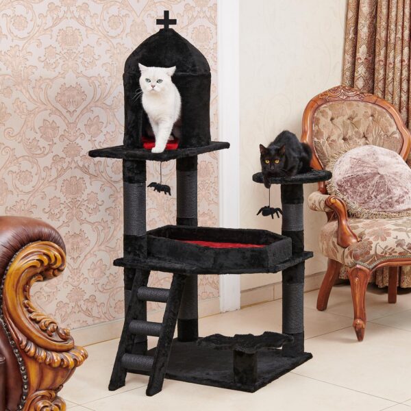 Gothic Cat Tree with Coffin Bed，55" Cat Tower with Spacious Cat Condo，Scratching Posts，Spider Hanging Ball，Multi-Level Cat Activities Furniture for Large Cats, Black Halloween - Image 2