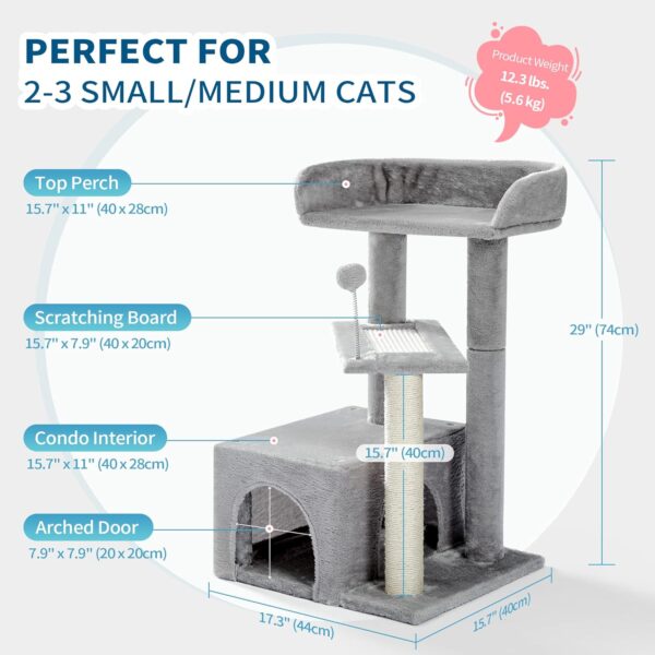 Made4Pets Cat Tree, Carpet Cat Tower Grey for Indoors Cats, Cute Wood Kitty Condo with Scratching Post and Pad, 29" Multi-Level Modern Activity Climbing Furniture for Small and Medium Cats - Image 3