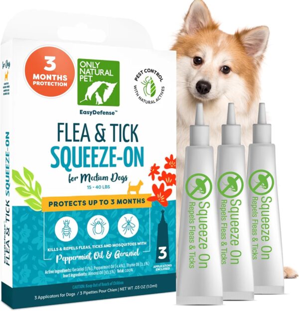 Only Natural Pet Flea and Tick Prevention for Medium Breed Dogs (15 to 40 lbs) - EasyDefense Flea & Tick Herbal Squeeze-On Drops - Natural Flea Control - Pet Flea Treatment - Three Month Supply